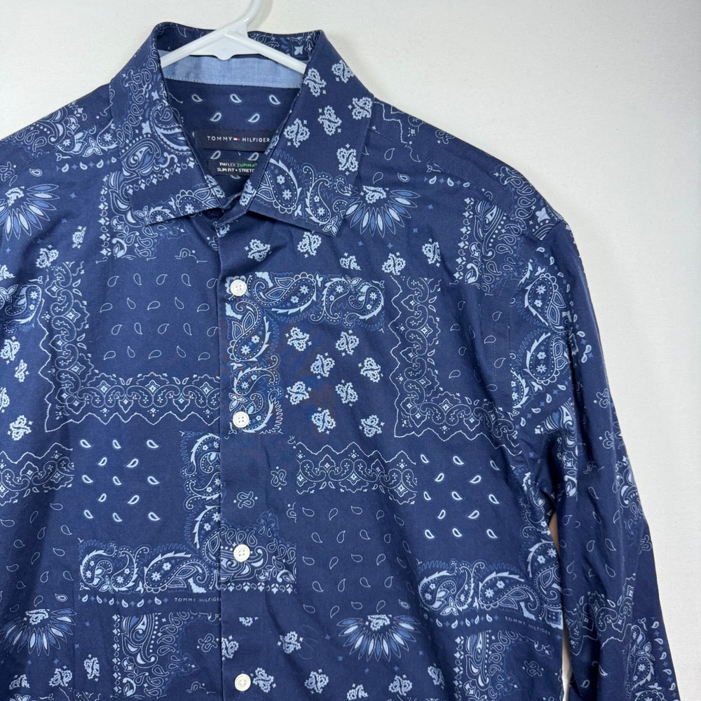 Tommy Hilfiger THFlex Supima Slim Fit Navy Paisley Patchwork Shirt Men M 15-15.5